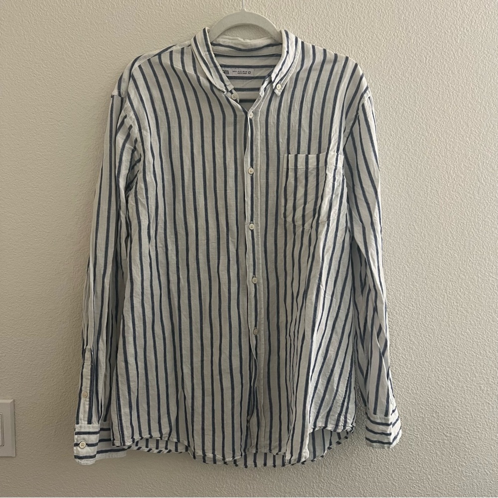 Zara Blue and White Striped Button-Down Shirt